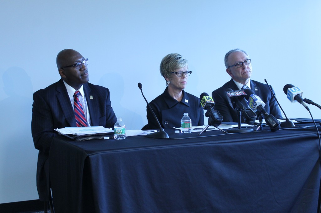 VP of Financing, Ken Long, President Marcia Welsh, and Provost Van Reidhead at a press conference. Photo Credit / Valentina Caval