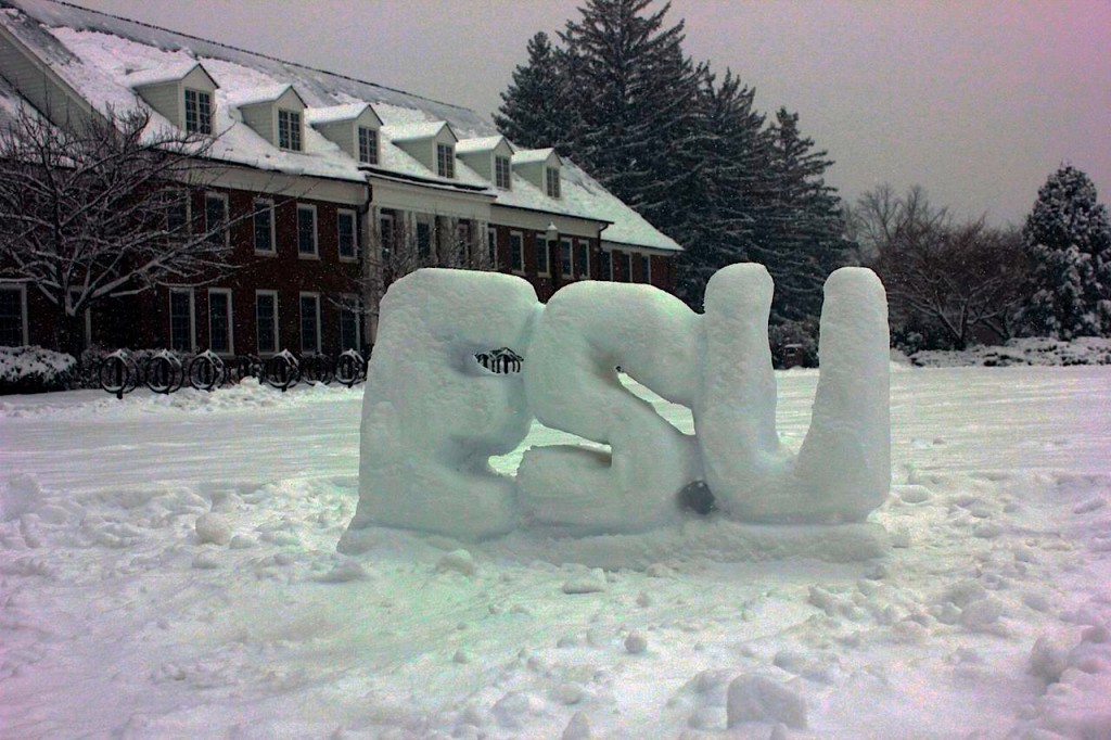 ESU student, Travis West, spent his snow day building an ESU sculpture in front of Monroe Hall. Photo Credit / Andrew Baer