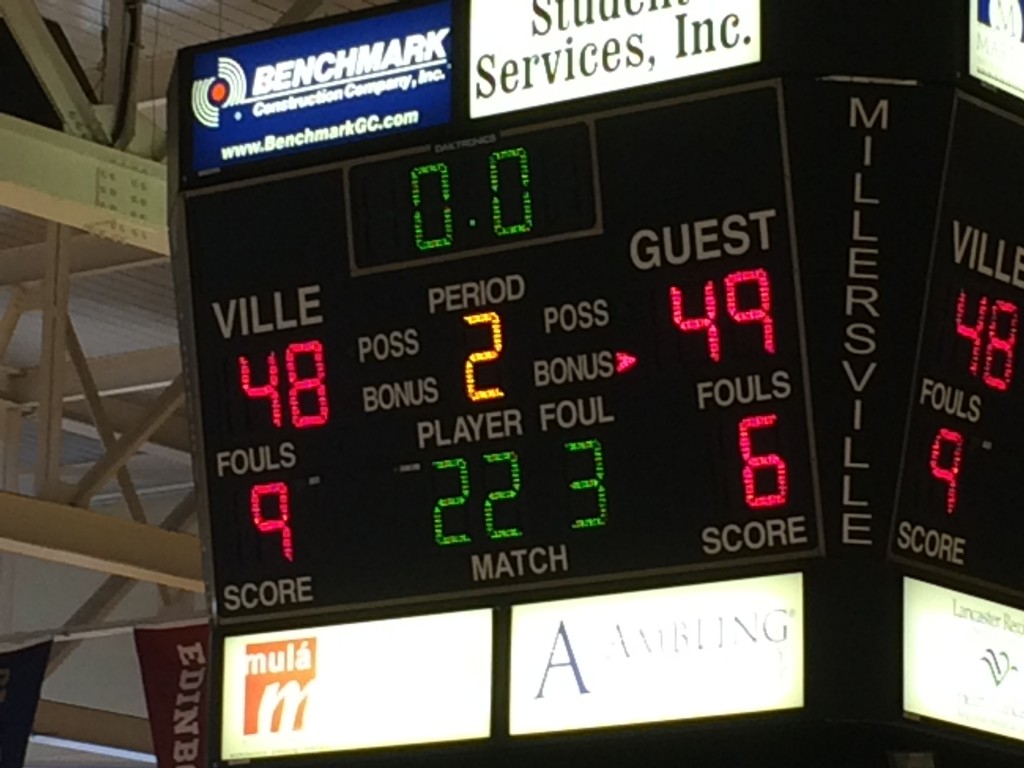 The scoreboard says it all--ESU defeats Millersville 49-48.  Photo Credit / Ronald Hanaki