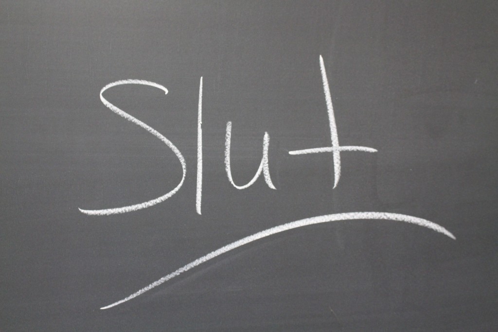The word “Slut” written on a chalkboard in Stroud Hall. Photo Credit / Amy Lukac
