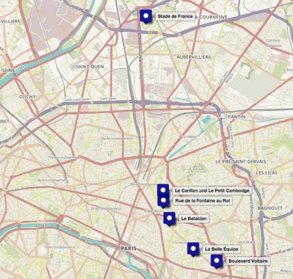 The six locations of the Nov. 13 terror attacks on France. Photo Courtesy / OpenStreetMap