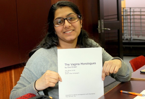Sofia Mirza presenting the official transcript for “The Vagina Monologues.” Photo Credit / Mitch Williams