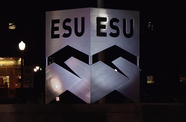 A view of the ESU Sculpture Featured At Night Photo Credit / Lance Soodeen