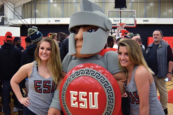 ESU’s Xplosion Team poses for a photo with the mascot. Photo Credit / Lance Soodeen