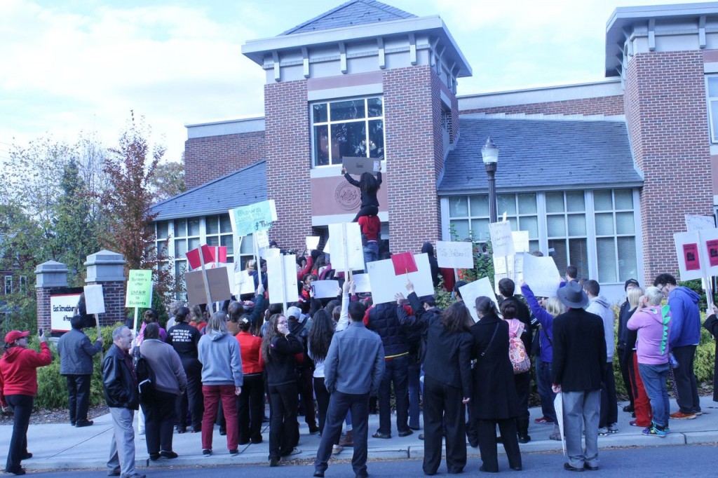 Students protesting outside of Reibman Administrative Building Tuesday. Photo Credit / Valentina Caval