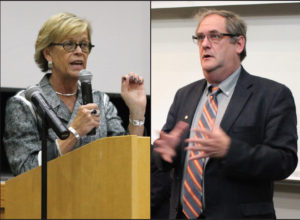 Left: President Marsha Welsh during her informational forum on Tuesday evening. Right: Dr. Kenneth Mash, President of APSCUF at his informational forum on Tuesday afternoon. For more information on both forums, please visit our website https://thestroudcourier.com Photo Credit / Kathleen Kraemer