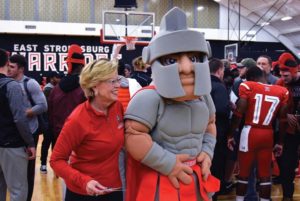 President Marcia Welsh and our new Warrior Mascot bonded during the reveal. Photo Credit / Lance Soodeen