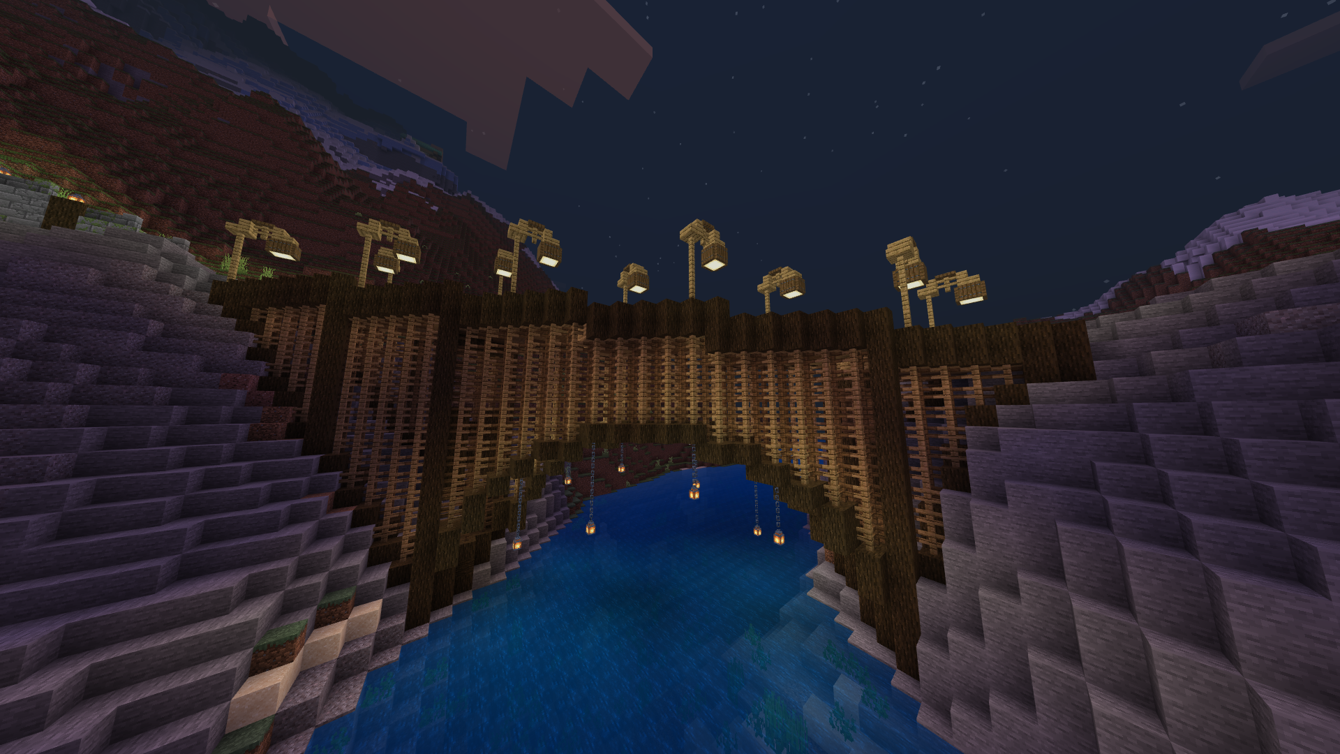 A bridge depicted in Minecraft lined with streetlamps