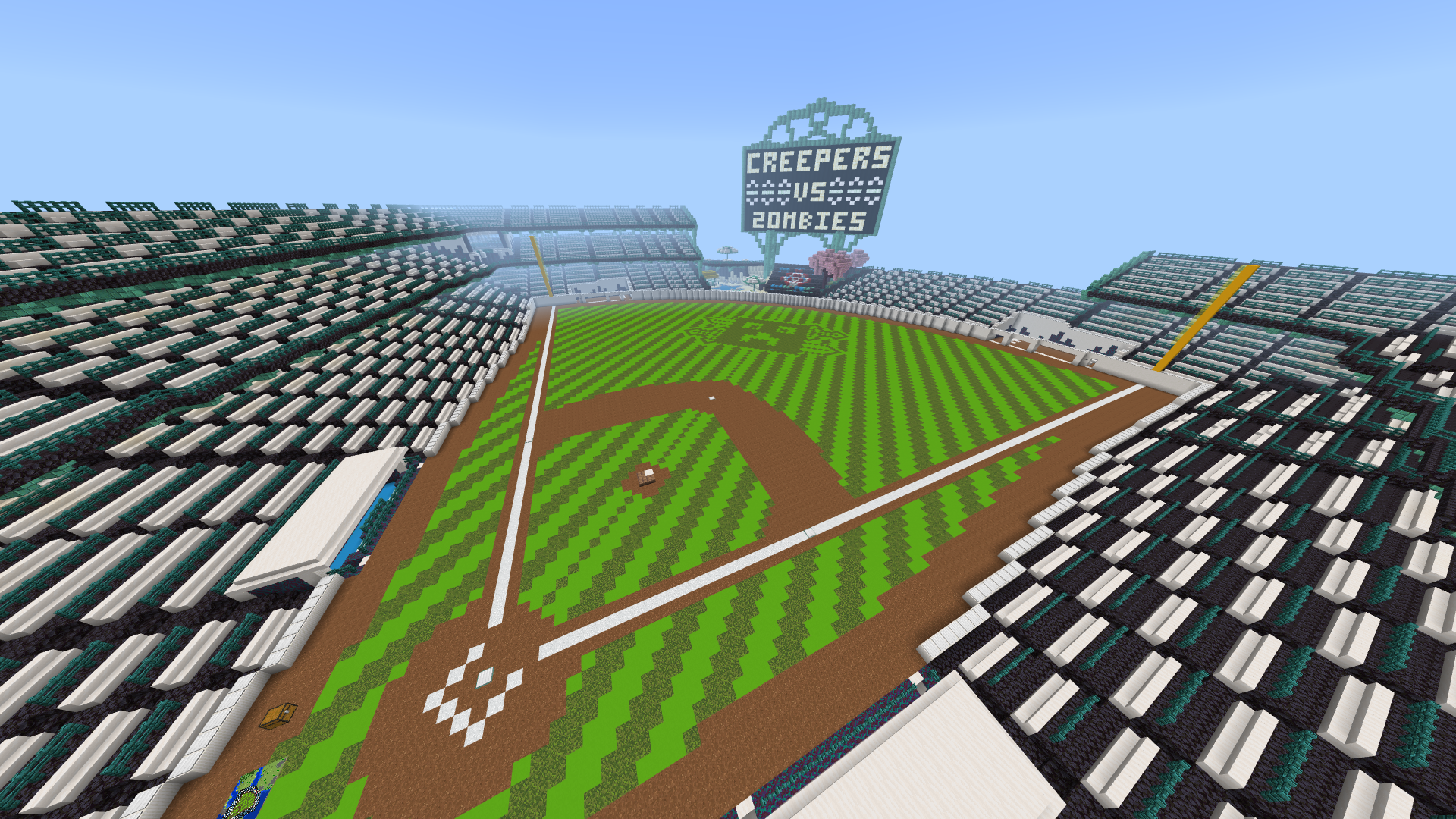 Baseball field depicted in Minecraft with the camera from home base looking out towards the score