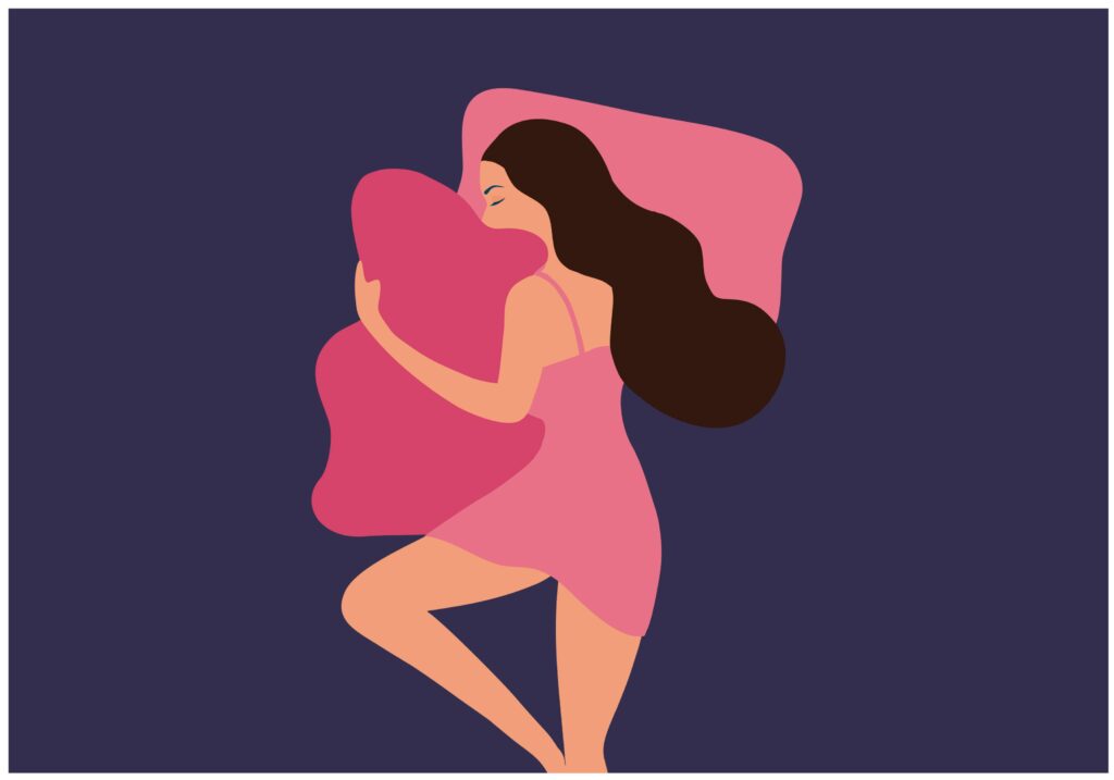 Cartoon depiction of woman sleeping in bed on a pink pillow hugging another pink pillow