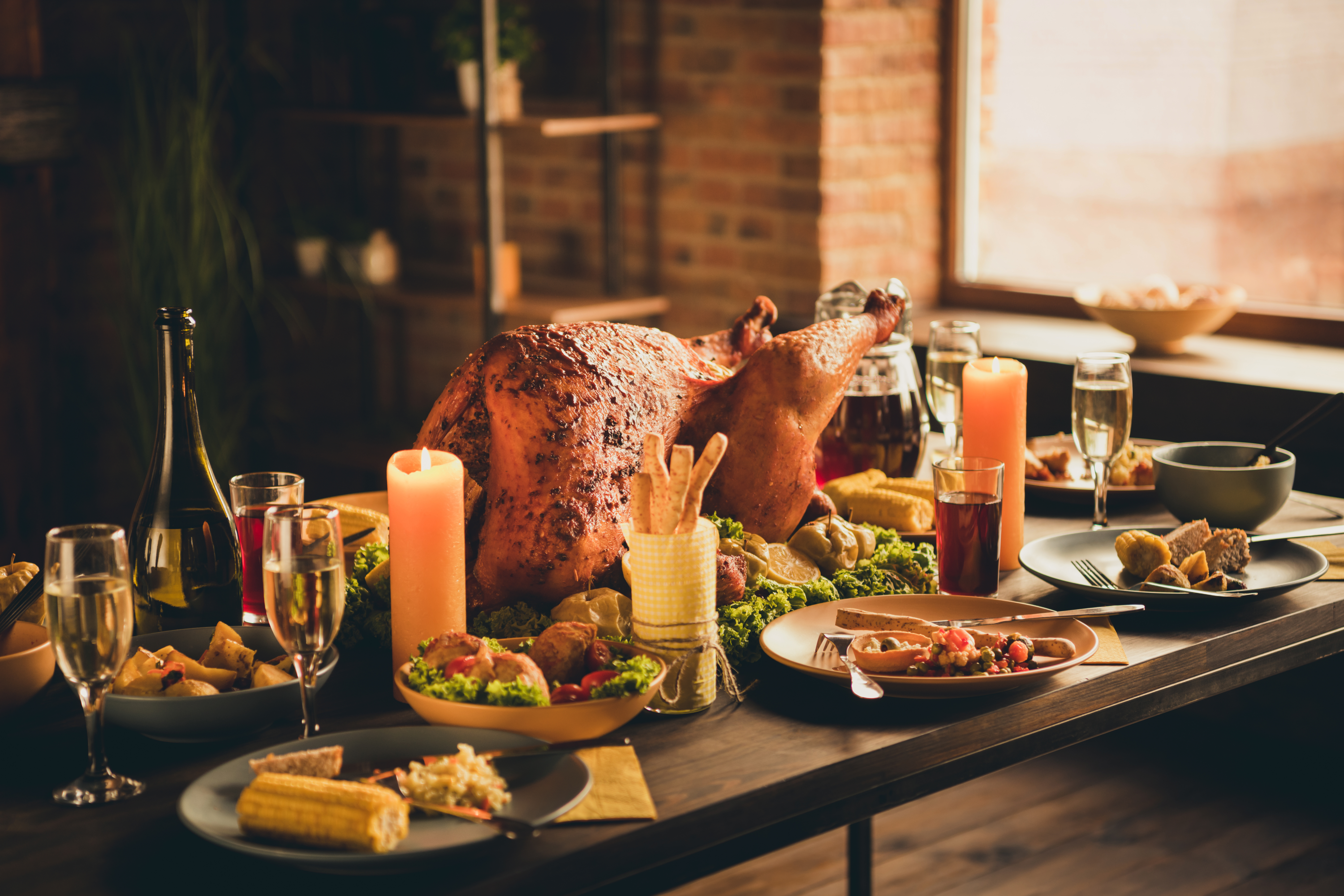 Closeup photo of big roast turkey and meal