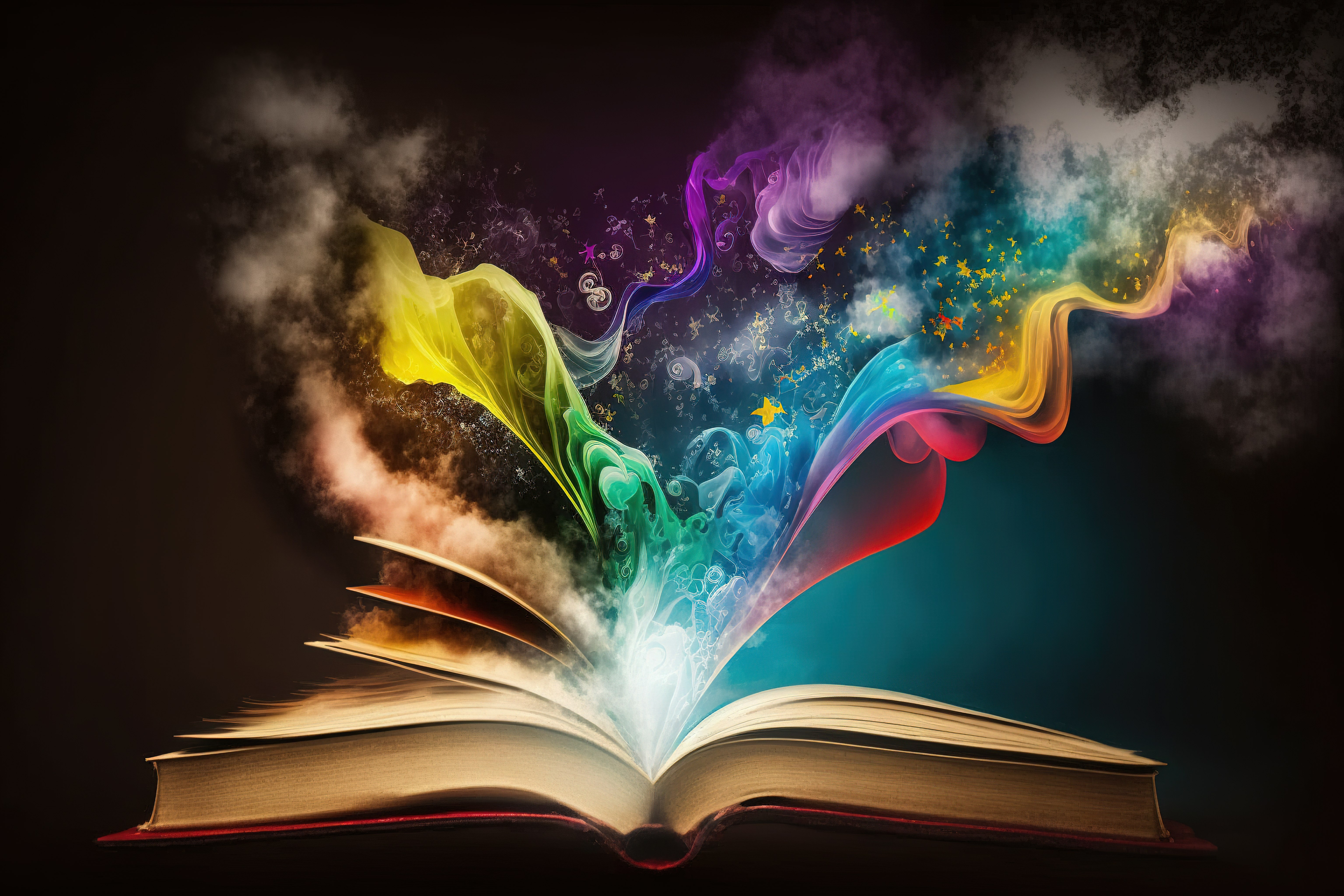 Book with magic rainbow light flowing in a lined mist