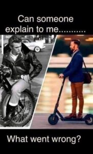 Boomer meme depicting man on motorcycle compared to man on eletric scooter. 