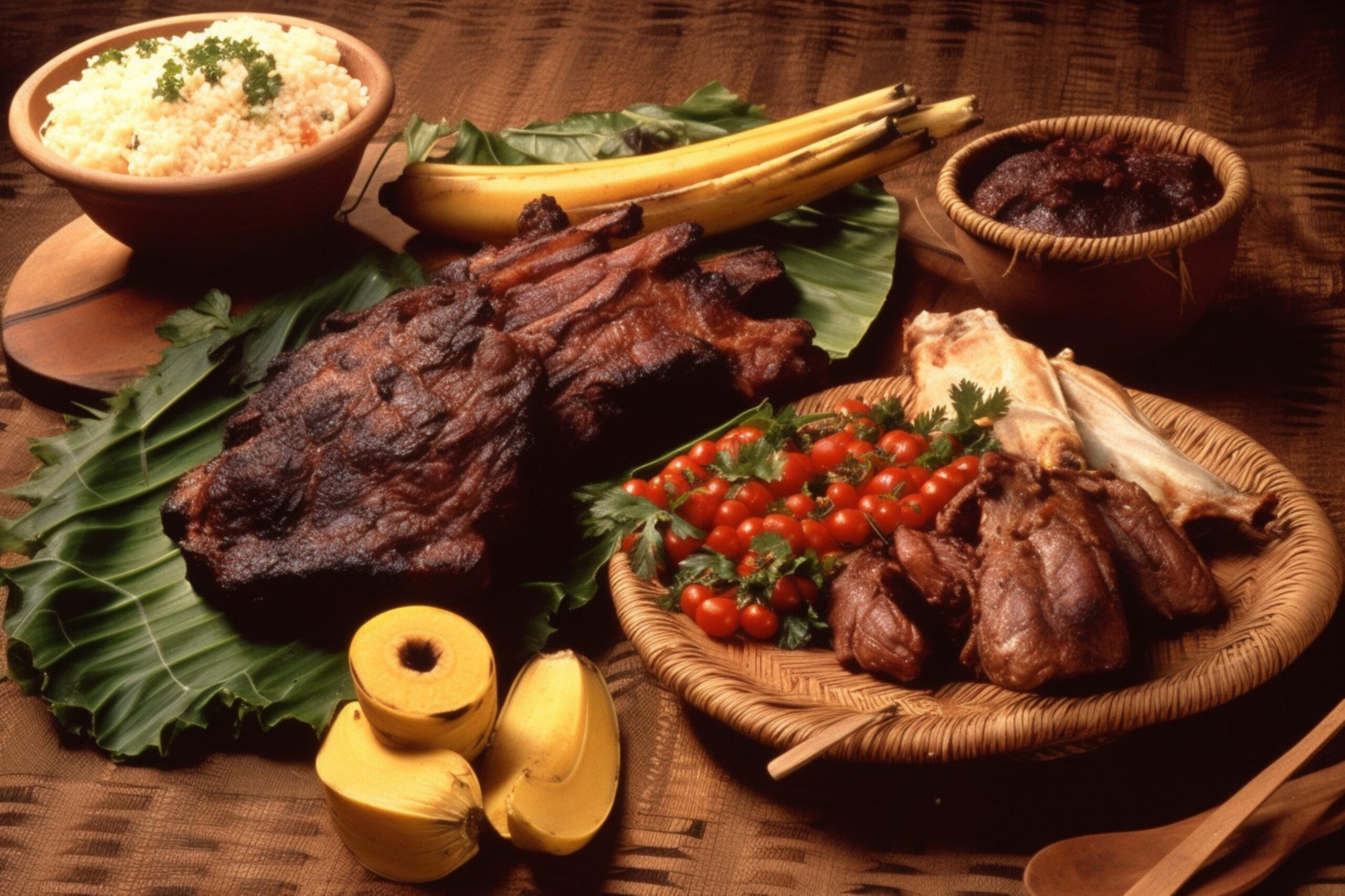 Image of assortment of meat, vegtables, and rice served on wooden plates and bowls