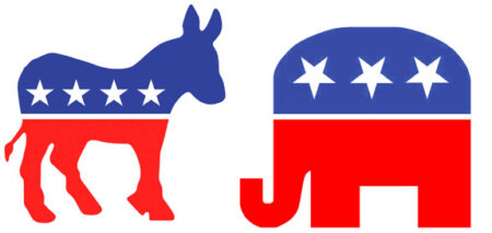 line art of donkey and elephant, colored half blue and half red with white stars to represent the democratic and republican parties